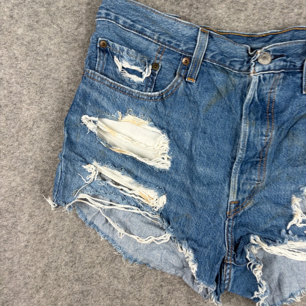 Levis 501 Shorts Women 32 Blue Distressed Cut Off Denim Button Fly - Picture 3 of 16